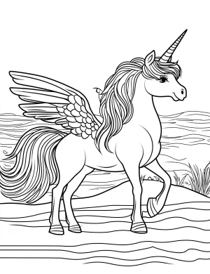 Unicorn Pegasus with Wings by the Beach Coloring Page