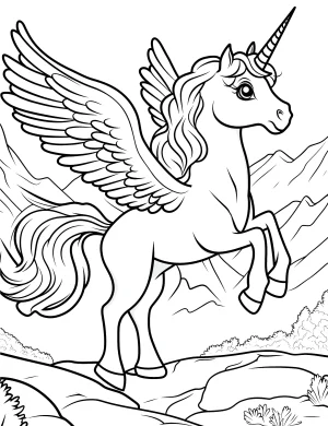 Unicorn Pegasus with Wings by the Mountain Coloring Page