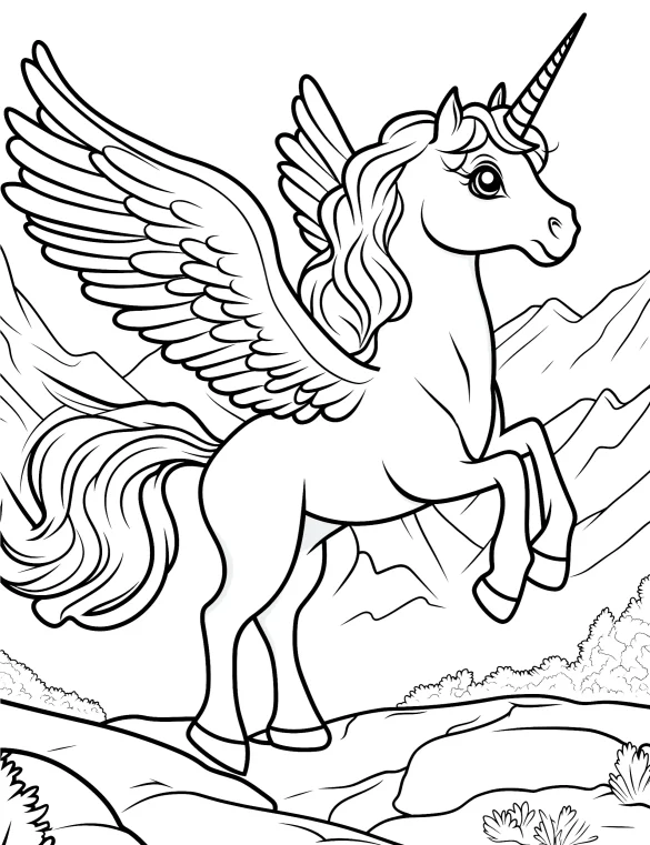 Unicorn Pegasus with Wings by the Mountain Coloring Page
