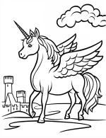 Unicorn Pegasus with Wings in Front of Castle Coloring Page