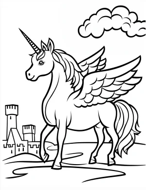 Unicorn Pegasus with Wings in Front of Castle Coloring Page