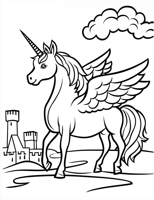 Unicorn Pegasus with Wings in Front of Castle Coloring Page