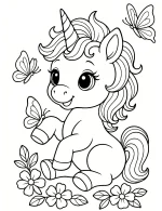 Unicorn Playing with Butterflies and Flowers Coloring Page