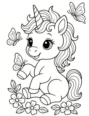 Unicorn Playing with Butterflies and Flowers Coloring Page