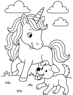 Unicorn Playing with Dog in the Clouds Coloring Page