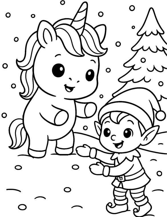 Unicorn Playing with Elf in Snowy Winter Scene Coloring Page