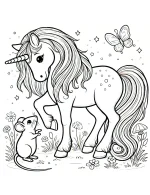 Unicorn Playing with a Mouse in Enchanted Garden Coloring Page