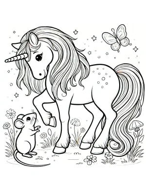 Unicorn Playing with a Mouse in Enchanted Garden Coloring Page