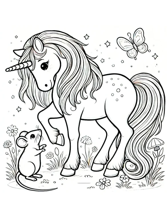 Unicorn Playing with a Mouse in Enchanted Garden Coloring Page