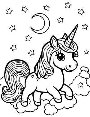 Unicorn Princess Riding Clouds in Starry Night with Moon Coloring Page