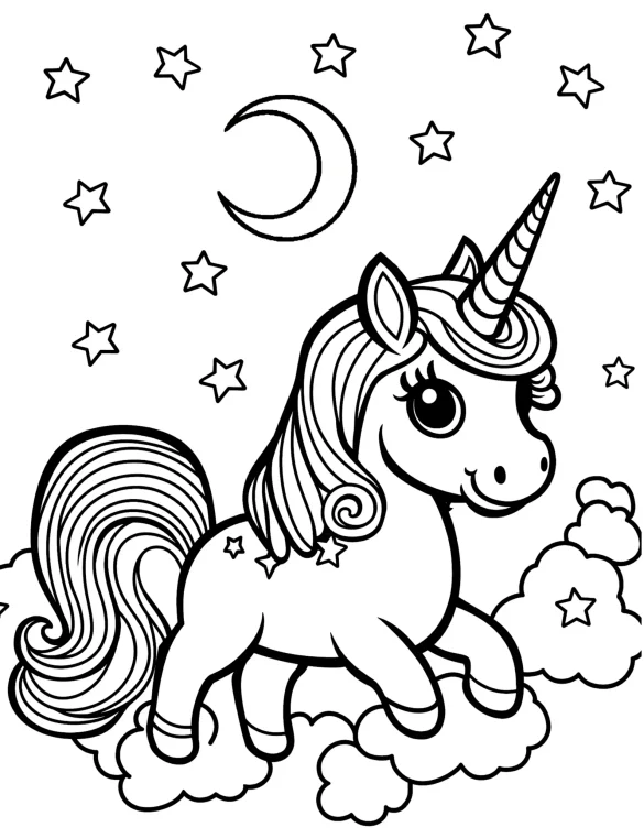 Unicorn Princess Riding Clouds in Starry Night with Moon Coloring Page