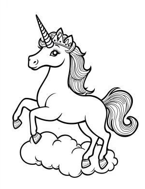 Unicorn Princess with Crown on Clouds Coloring Page
