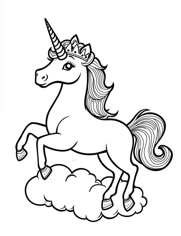 Unicorn Princess with Crown on Clouds Coloring Page