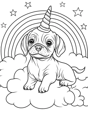 Unicorn Pug Sitting in Clouds with Rainbow and Stars Coloring Page