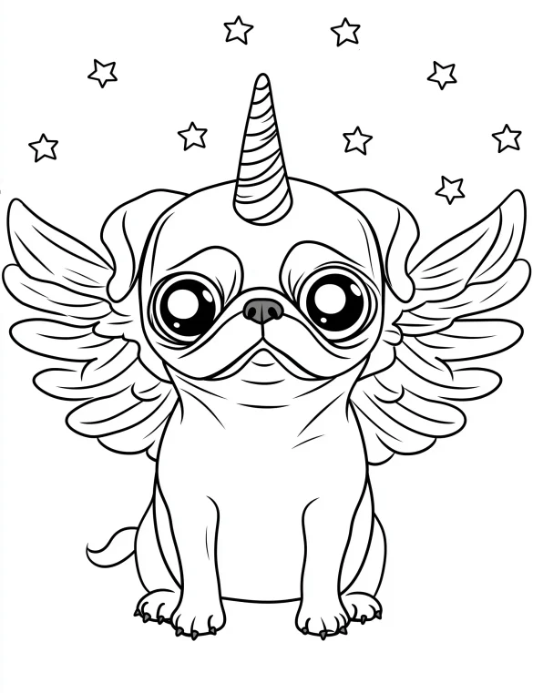 Unicorn Pug with Wings and Stars Coloring Page