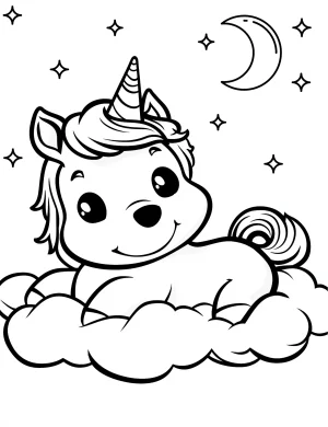Unicorn Puppy Lying on Cloud with Stars and Moon Coloring Page