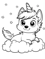 Unicorn Puppy Lying on Fluffy Cloud with Stars Coloring Page
