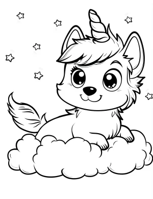 Unicorn Puppy Lying on Fluffy Cloud with Stars Coloring Page