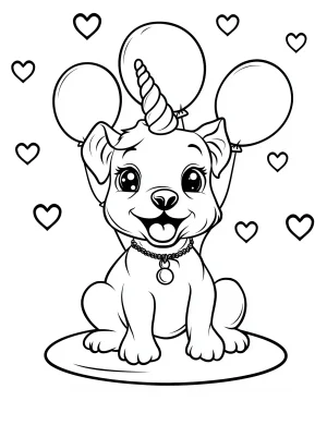Unicorn Puppy with Balloons and Hearts Coloring Page