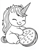 Unicorn Sitting and Happily Eating Watermelon Coloring Page