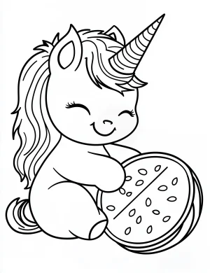 Unicorn Sitting and Happily Eating Watermelon Coloring Page