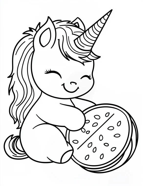 Unicorn Sitting and Happily Eating Watermelon Coloring Page