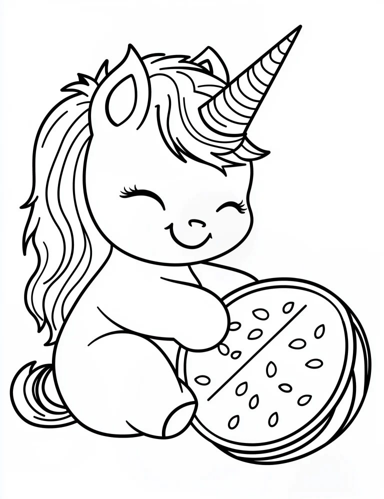 Unicorn Sitting and Happily Eating Watermelon Coloring Page - Mindset Flow