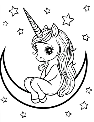 Unicorn Sitting on Moon in Starry Night Coloring Page