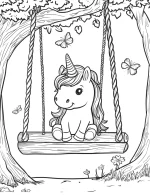 Unicorn Sitting on Wooden Swing in Forest Coloring Page