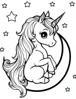 Unicorn Sitting on the Moon with Stars Coloring Page