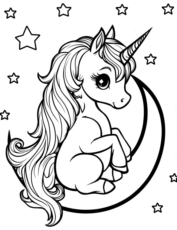 Unicorn Sitting on the Moon with Stars Coloring Page