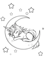Unicorn Sleeping Peacefully on Beautiful Crescent Moon with Stars Coloring Page
