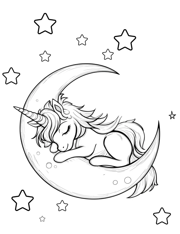 Unicorn Sleeping Peacefully on Beautiful Crescent Moon with Stars Coloring Page