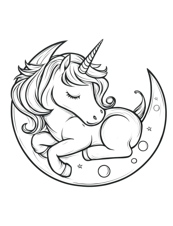 Unicorn Sleeping Peacefully on Crescent Moon with Stars Coloring Page