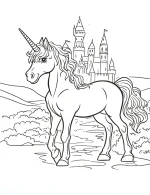 Unicorn Standing in Front of Grand Fairytale Castle Coloring Page