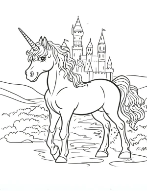 Unicorn Standing in Front of Grand Fairytale Castle Coloring Page