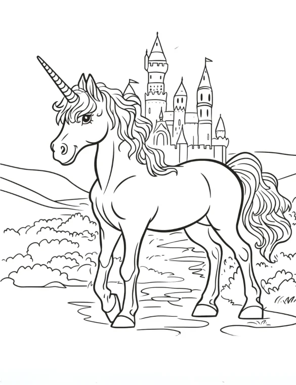 Unicorn Standing in Front of Grand Fairytale Castle Coloring Page