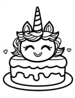 Unicorn-Themed Birthday Cake with Kawaii Style Coloring Page