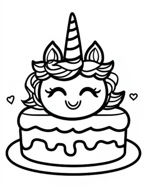 Unicorn-Themed Birthday Cake with Kawaii Style Coloring Page