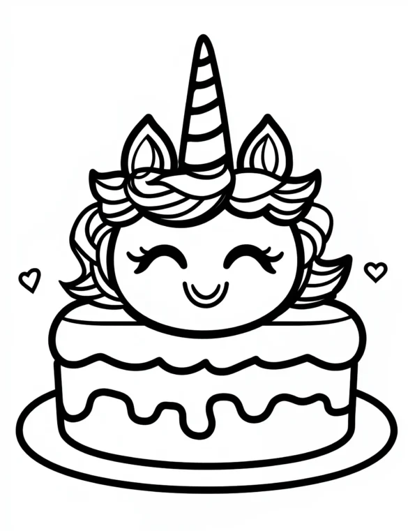 Unicorn-Themed Birthday Cake with Kawaii Style Coloring Page