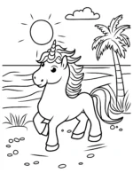 Unicorn Walking on the Beach with Sunny Sky and Palm Trees Coloring Page