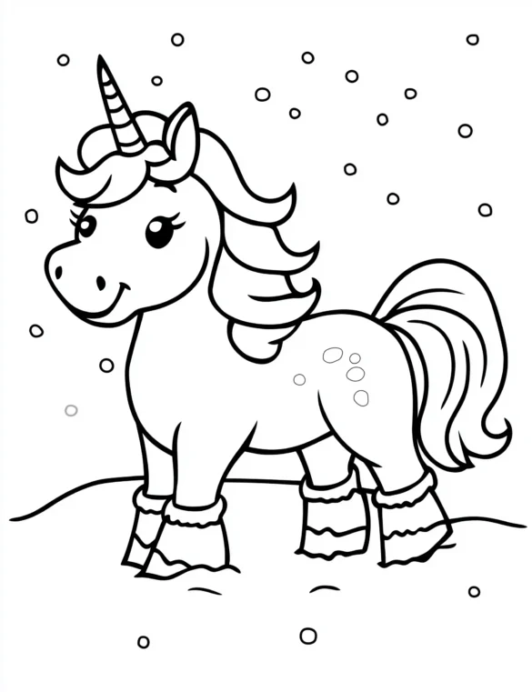 Unicorn Wearing Boots in Winter Snow Coloring Page