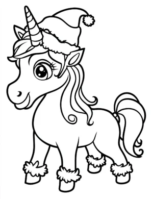 Unicorn Wearing Christmas Hat and Furry Boots Coloring Page