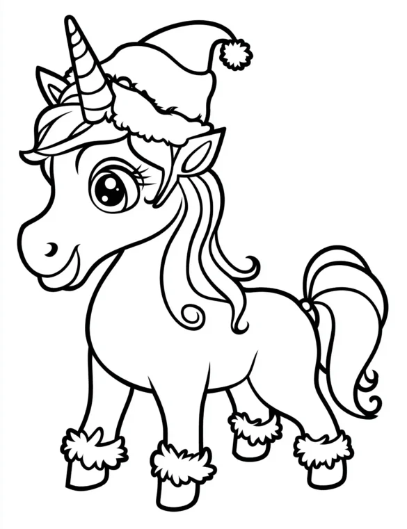 Unicorn Wearing Christmas Hat and Furry Boots Coloring Page