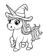 Unicorn Wearing Pointed Witch Hat Coloring Page