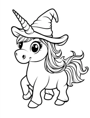 Unicorn Wearing Pointed Witch Hat Coloring Page