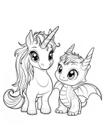 Unicorn and Baby Dragon Friends Coloring Page