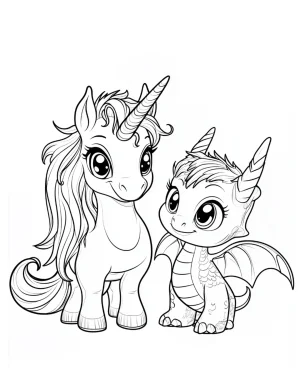 Unicorn and Baby Dragon Friends Coloring Page
