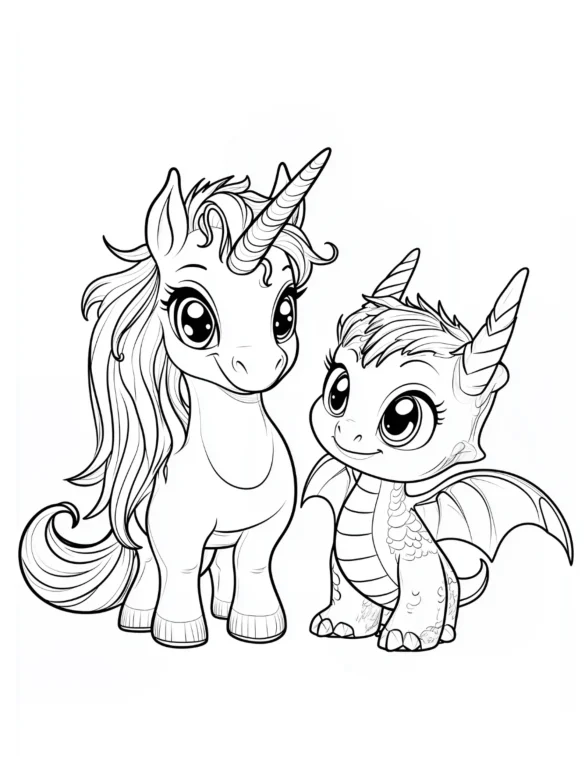 Unicorn and Baby Dragon Friends Coloring Page
