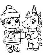 Unicorn and Boy Exchanging Gift in Winter Scene Coloring Page